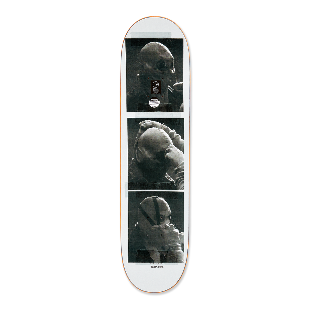 Polar skateboard deck for pro rider Paul Grund, stuntman. The graphic shows black and white images of a stuntman getting ready.