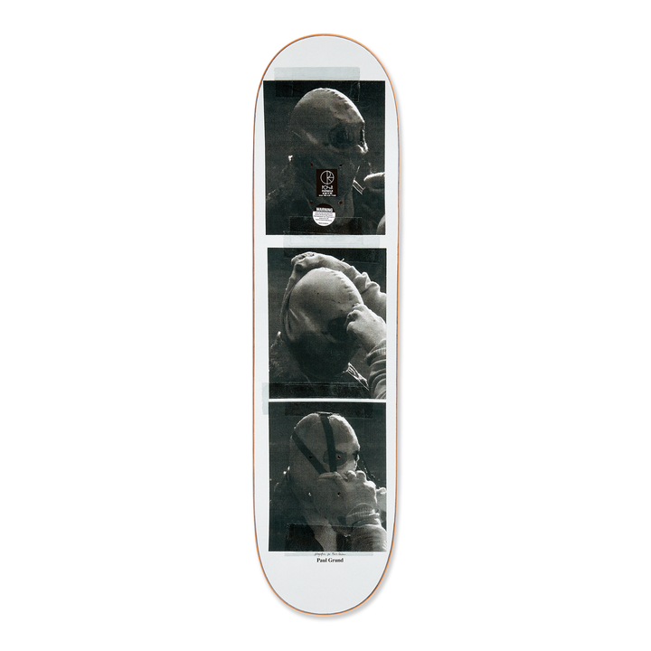 Polar skateboard deck for pro rider Paul Grund, stuntman. The graphic shows black and white images of a stuntman getting ready.