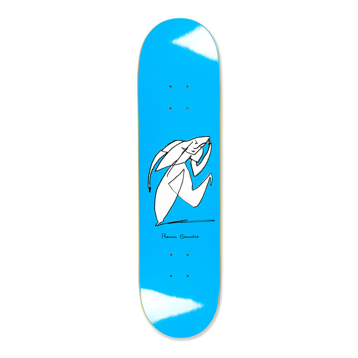 The bottom graphic of Polar Skateboard Deck of pro rider Roman Gonzalez, Stay In Motion in Blue. A light blue deck with a white artistic figure on it.