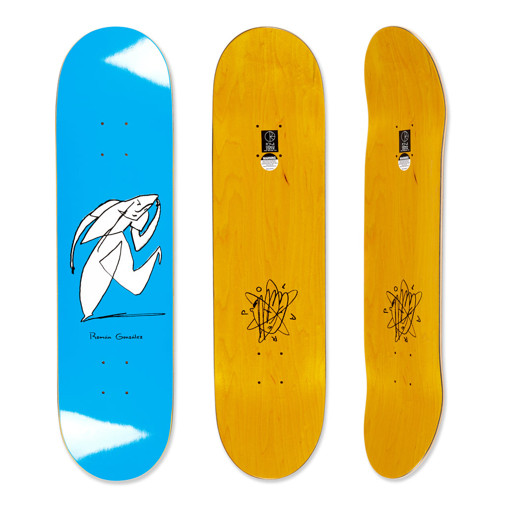 Three views of the Polar Skateboard Deck of pro rider Roman Gonzalez, Stay In Motion in Blue. A light blue deck with a white artistic figure on it and the top a dyed yellow color.