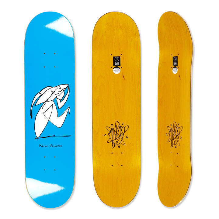 Three views of the Polar Skateboard Deck of pro rider Roman Gonzalez, Stay In Motion in Blue. A light blue deck with a white artistic figure on it and the top a dyed yellow color.