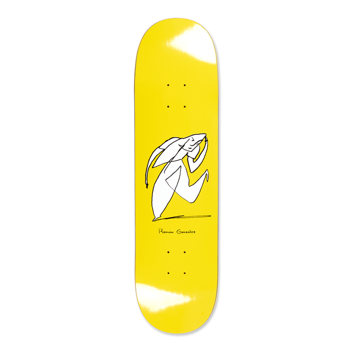 Bottom graphic of the Polar Skateboard Deck for pro rider Roman Gonzalez, Stay In Motion in Yellow, a yellow deck with a white artistic drawing on it.