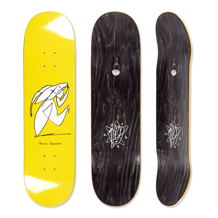 Three views of the Polar Skateboard Deck for pro rider Roman Gonzalez, Stay In Motion in Yellow, the bottom graphic a yellow deck with a white artistic drawing on it and the top part dyed black.