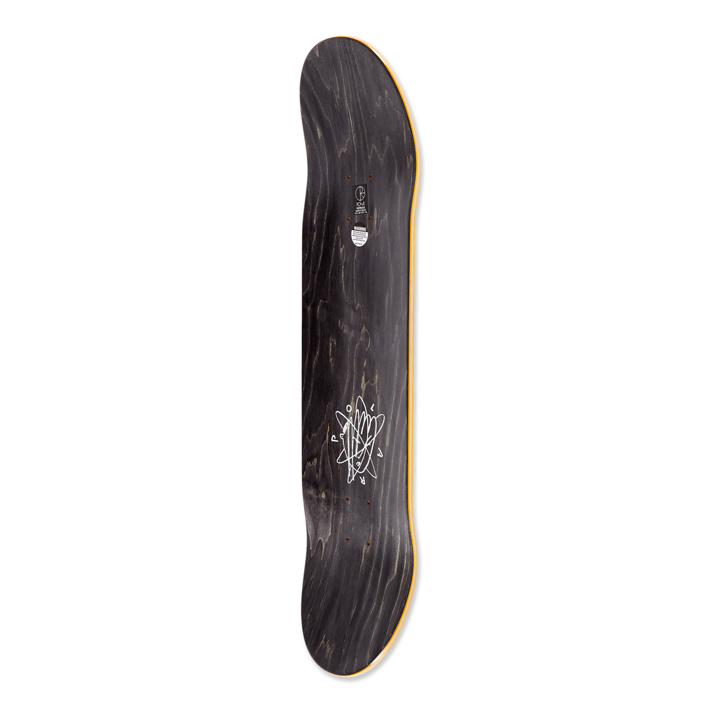Side view of the Polar Skateboard Deck for pro rider Roman Gonzalez, Stay In Motion in Yellow, the top part of the deck is dyed black.