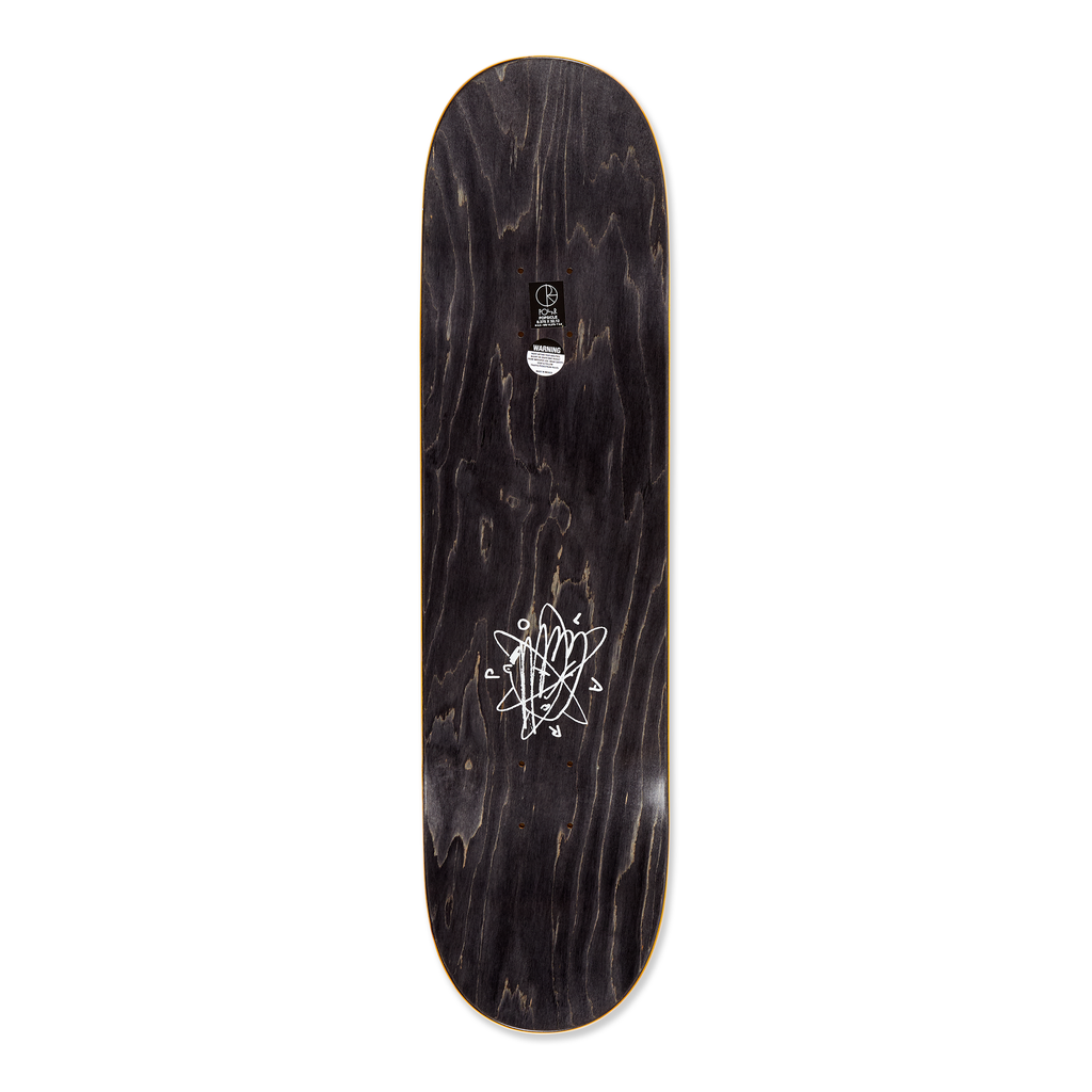 Top view of the Polar Skateboard Deck for pro rider Roman Gonzalez, Stay In Motion in Yellow, the top part of the deck is dyed black.