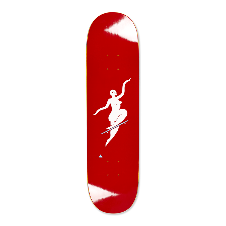 The Polar Skateboard Deck Team Model No Complies, is a red deck with a white illustration of a woman skating on a blue deck.