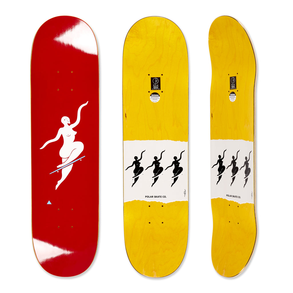 Three views of the Polar Skateboard Deck Team Model No Complies, the bottom graphic is red with a white illustration of a woman skating on a blue deck, the top is a dyed yellow wood.