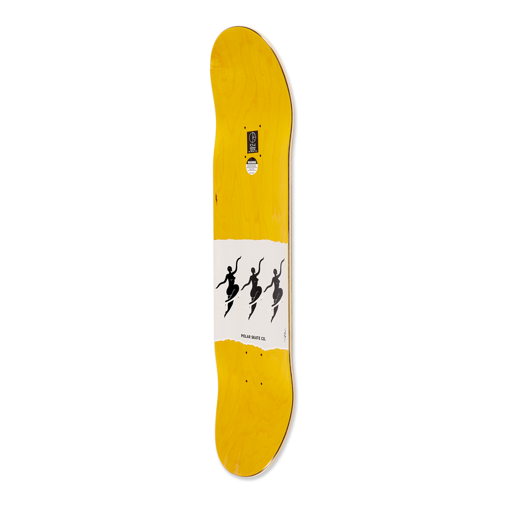 Side view of the Polar Skateboard Deck Team Model No Complies, a dyed yellow wood.