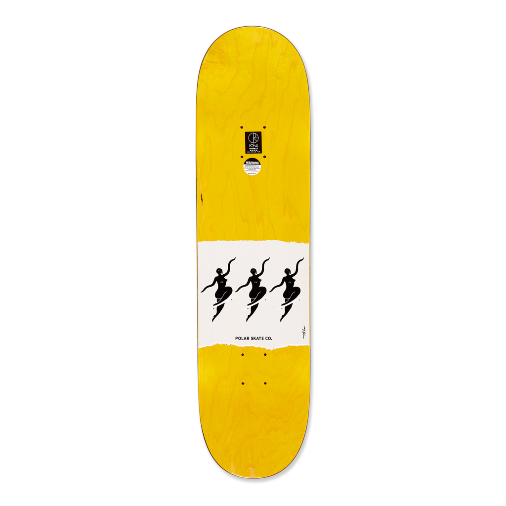 Top view of the Polar Skateboard Deck Team Model No Complies, a dyed yellow wood.