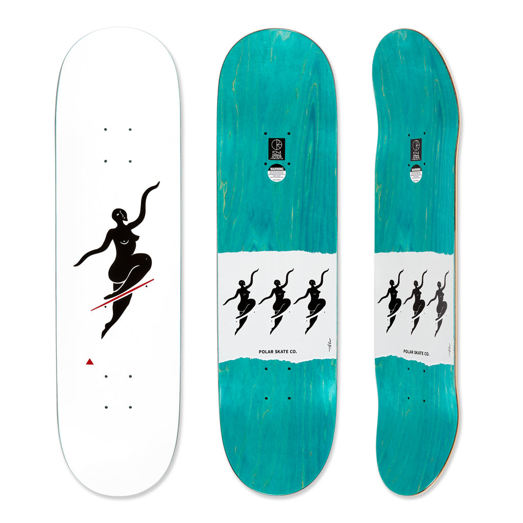Three views of the white Polar no complies deck, the bottom graphic is a white deck with a black illustration of a woman skating on a red deck and the top is a dyed turquoise wood.