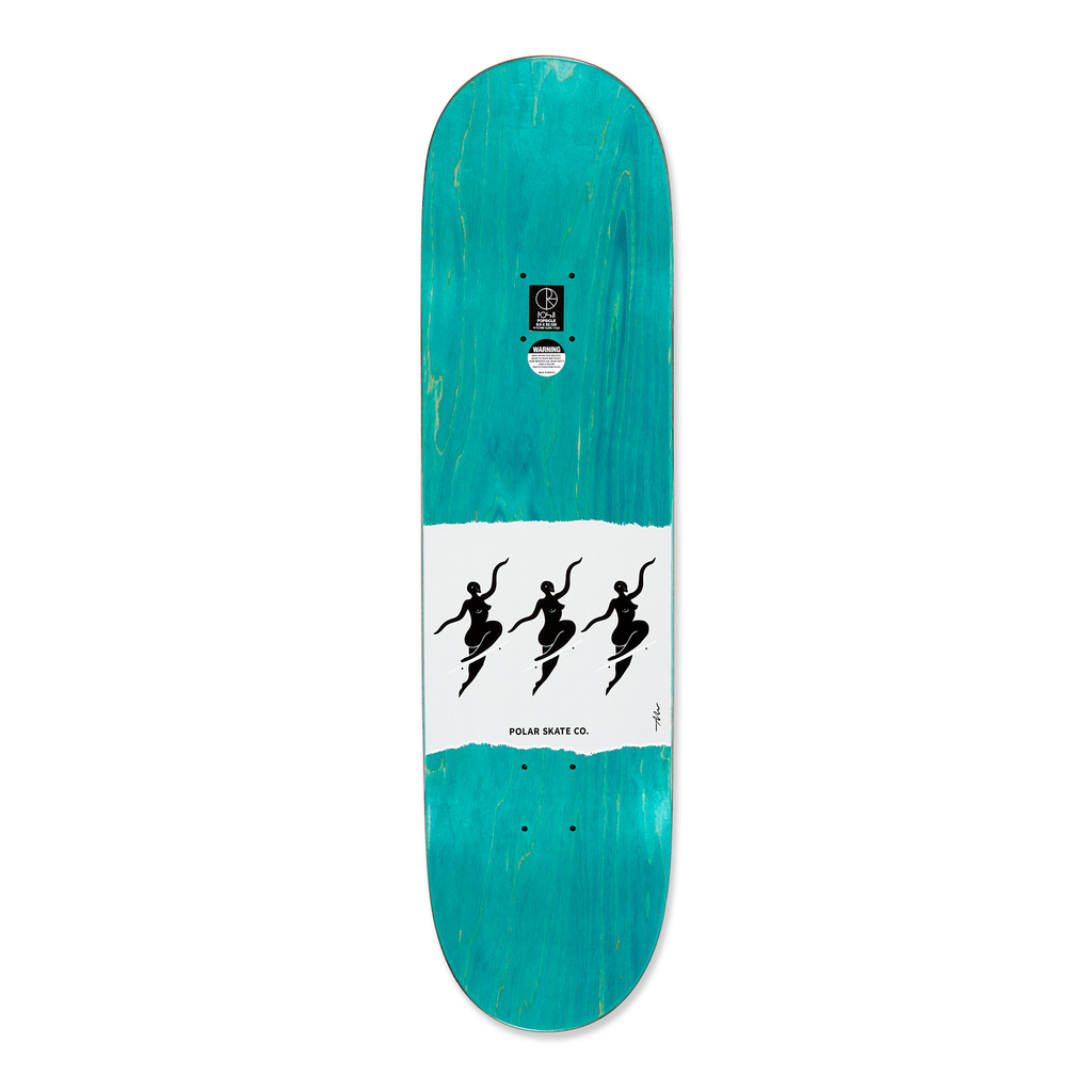 Top view of the Polar skateboard deck, no complies in white, is a dyed turquoise wood.