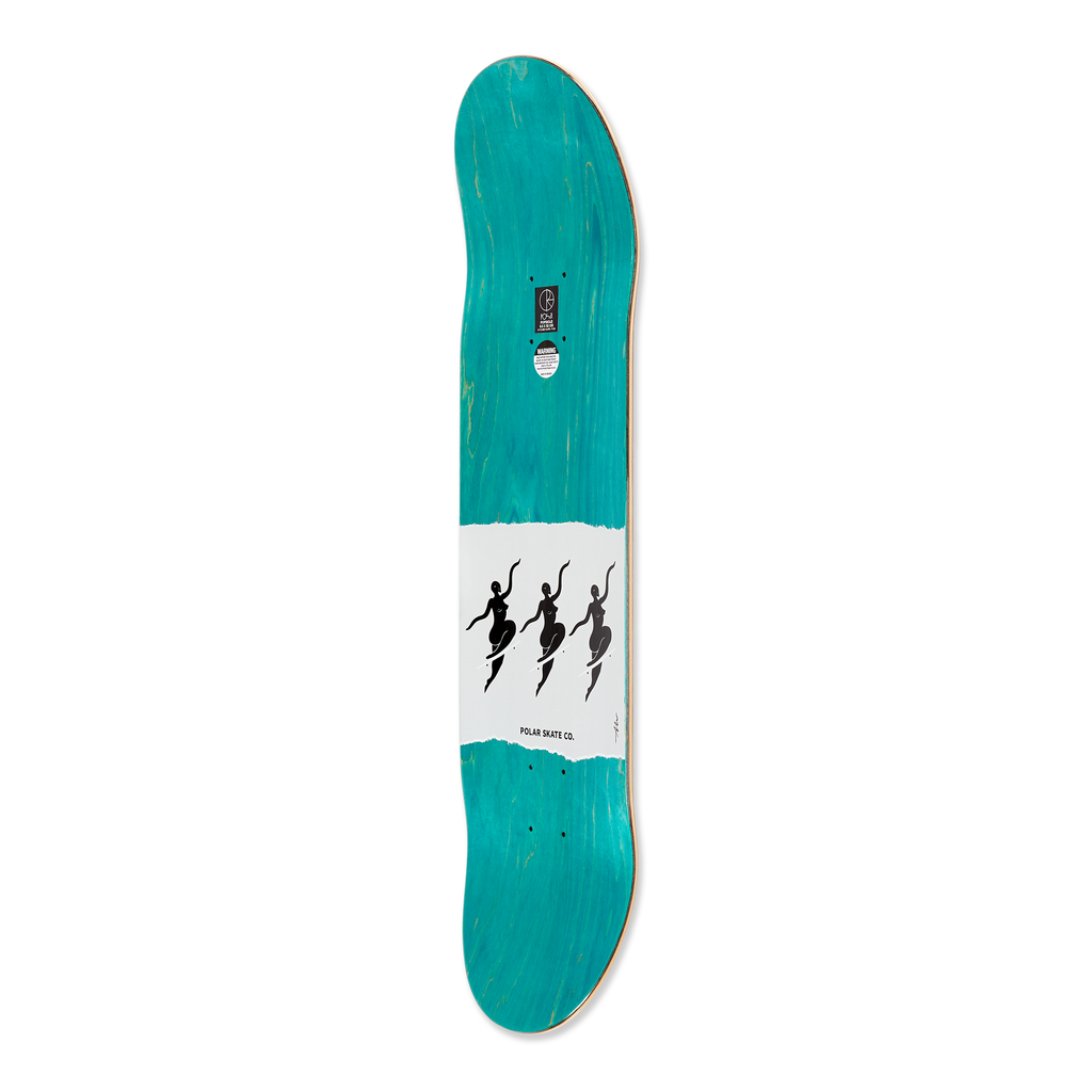 side view view of the Polar skateboard deck, no complies in white, is a dyed turquoise wood.