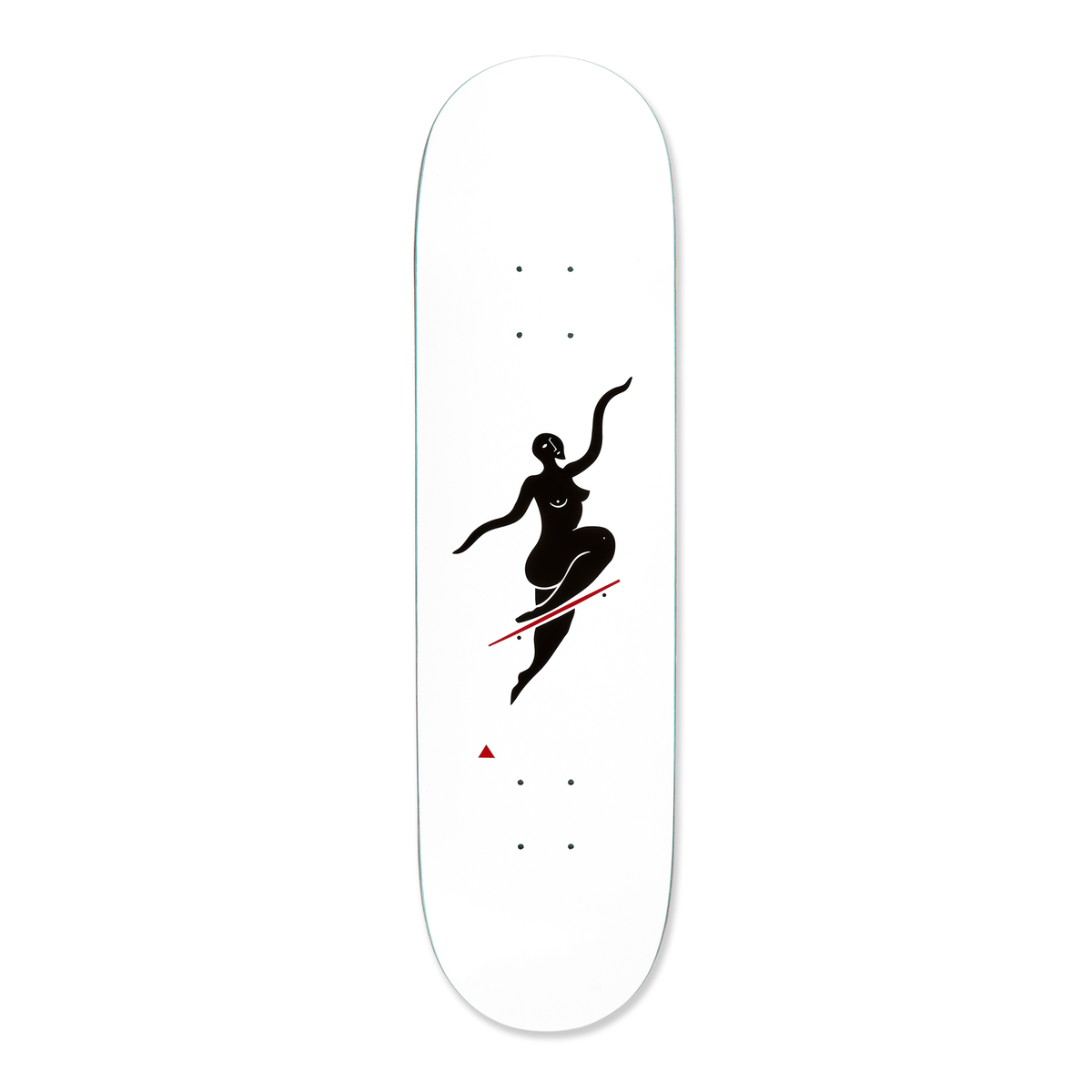 The Polar Skateboard Deck Team Model No Complies, is a white deck with a black illustration of a woman skating on a red deck.
