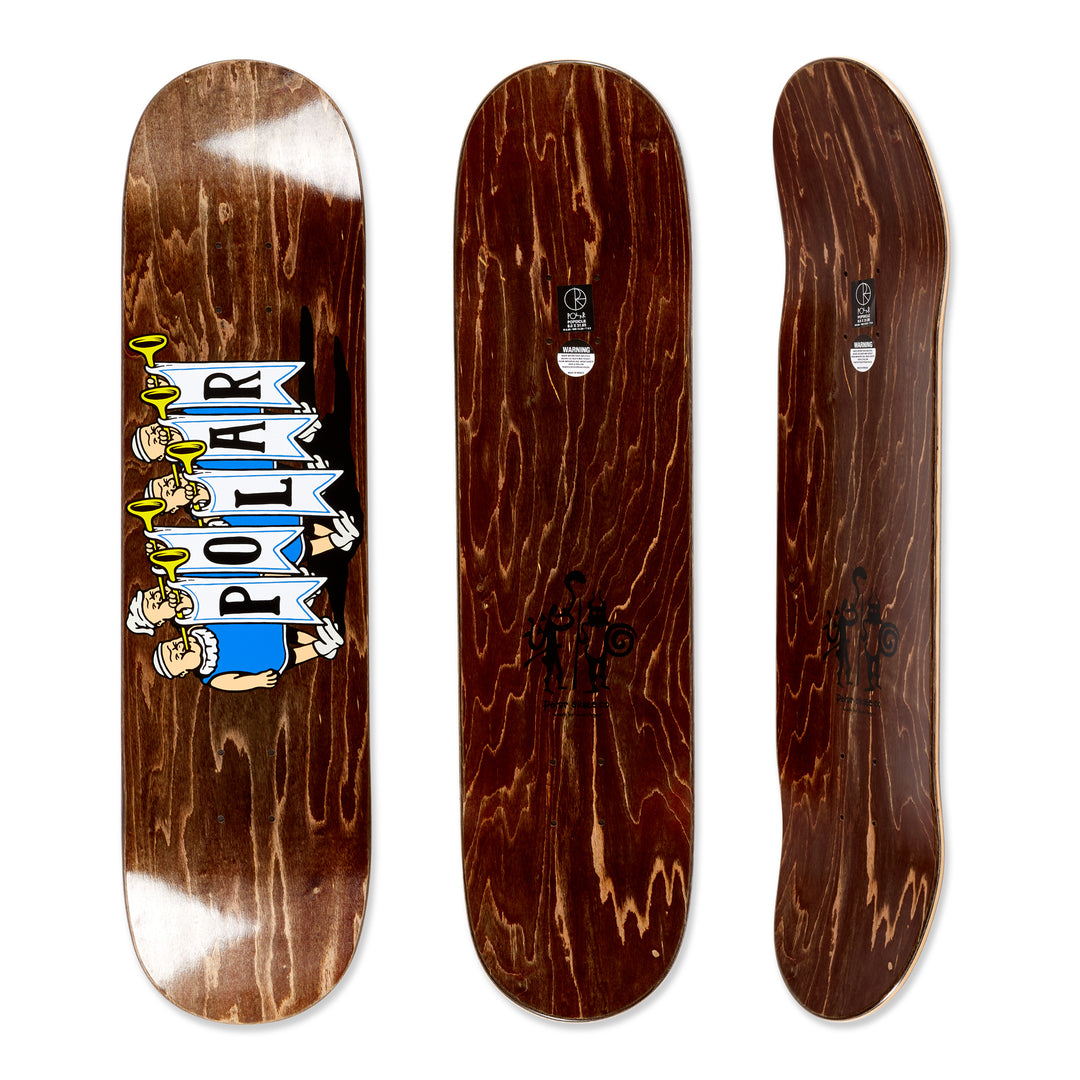 The Polar Skateboard Deck Team Model Trumpets, with bottom deck graphic depicting trumpet players with the banner 'polar' on a dyed brown background, and top of the deck also dyed brown.