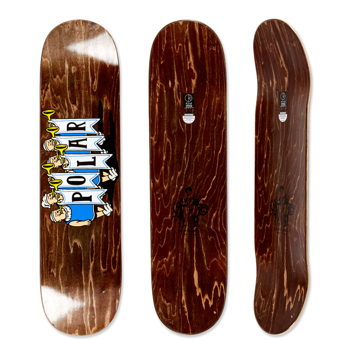 The Polar Skateboard Deck Team Model Trumpets, with bottom deck graphic depicting trumpet players with the banner 'polar' on a dyed brown background, and top of the deck also dyed brown.