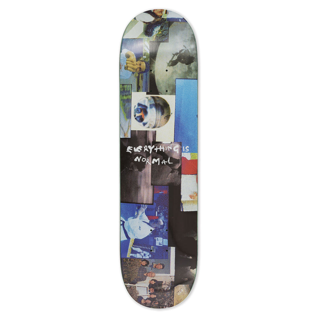 Polar skateboard deck with collage design and 'Everything is Normal' written on it.