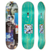 Top and bottom view of Polar Skate Skateboard deck with collage design on one the bottom and plain green wood texture on the other.