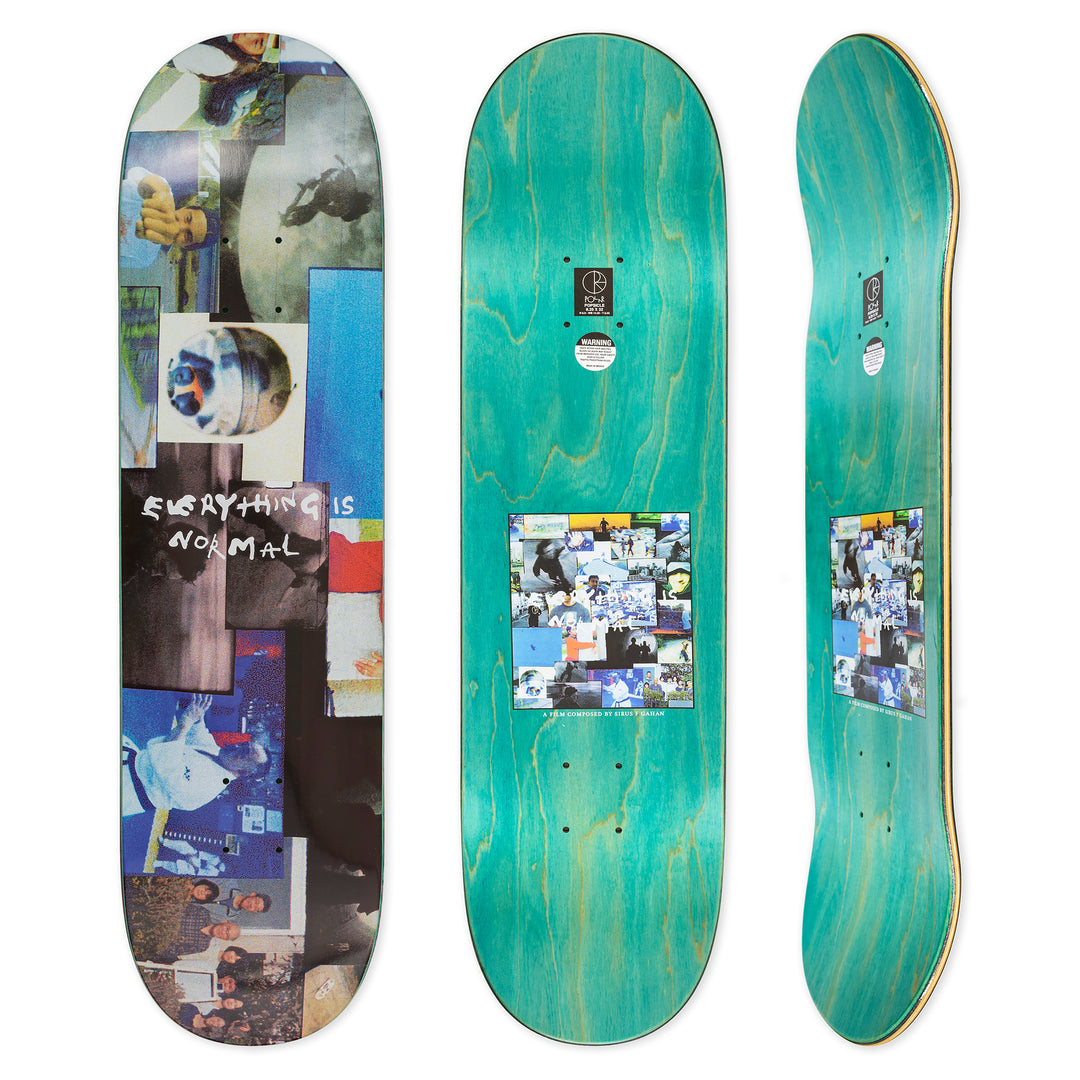 Top and bottom view of Polar Skate Skateboard deck with collage design on one the bottom and plain green wood texture on the other.