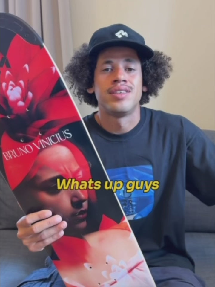 4msb pro skateboarder bruno vinicius talks about and shows his second pro model skateboard deck, 4Msb Bromelia with TIPtech, available at skateovation.com in Europe. 