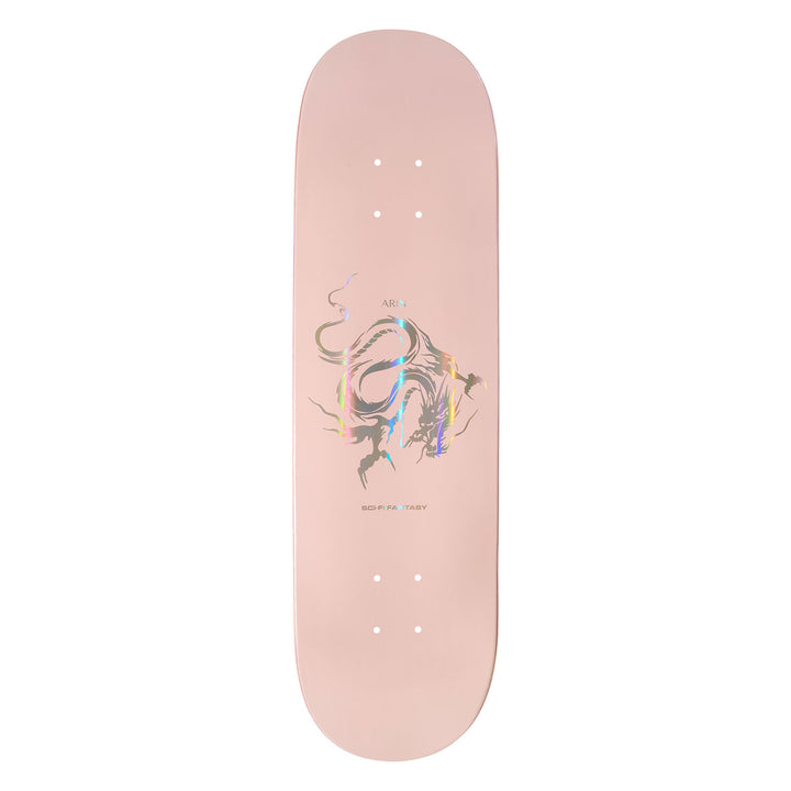 Sci-fi fantasy arin holograhic dragon skateboard deck a holographic dragon on a deck.