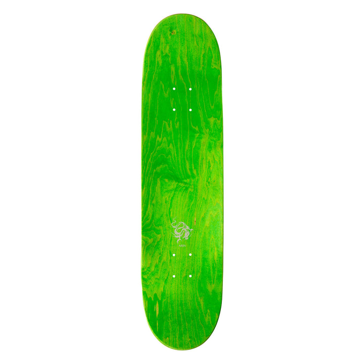 Top of Sci-fi Fantasy Arin Holographic Dragon skateboard deck, a dyed green maple.
