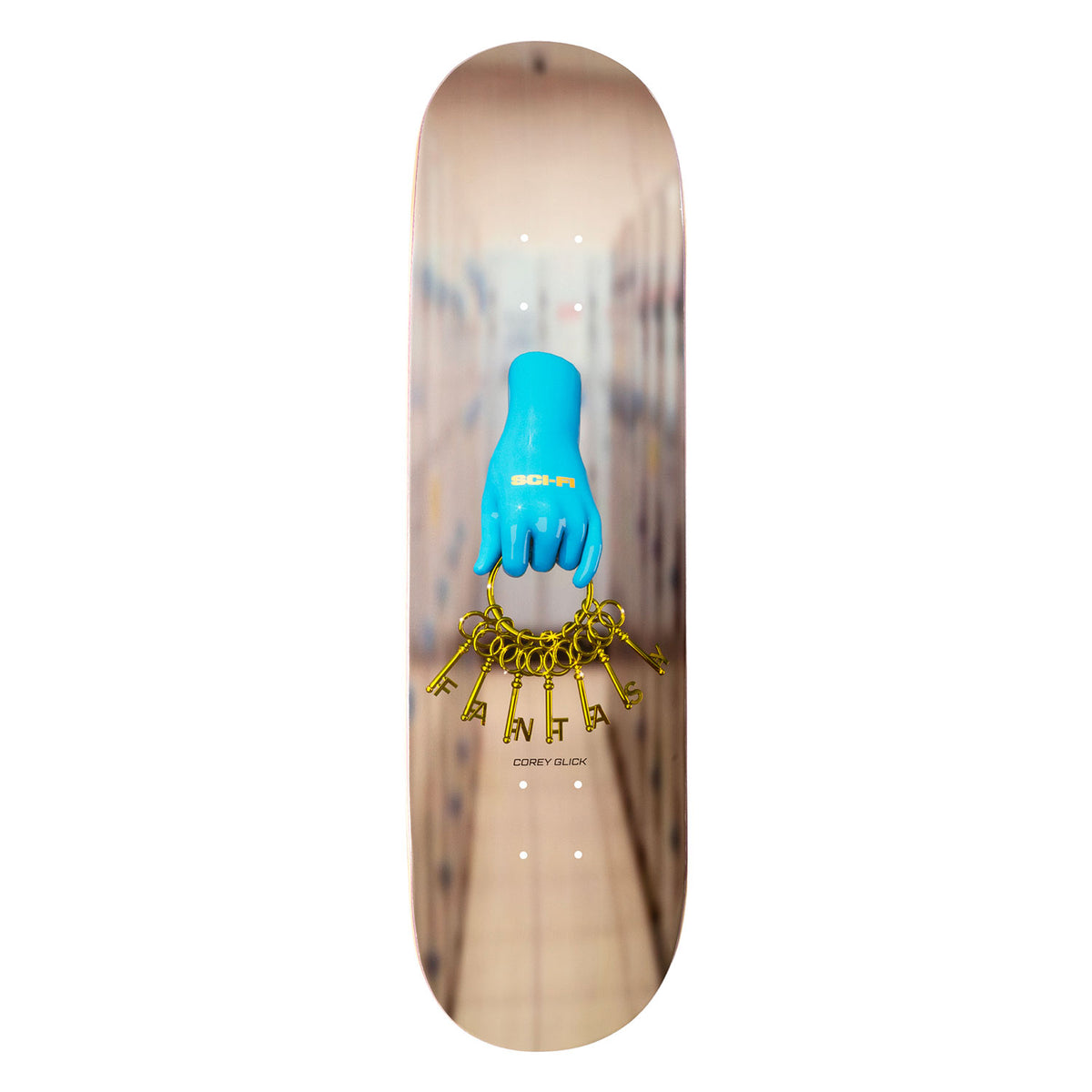 Sci-Fi Fantasy skateboard deck glick keys, with the graphic of a blue glove holding golden keys.
