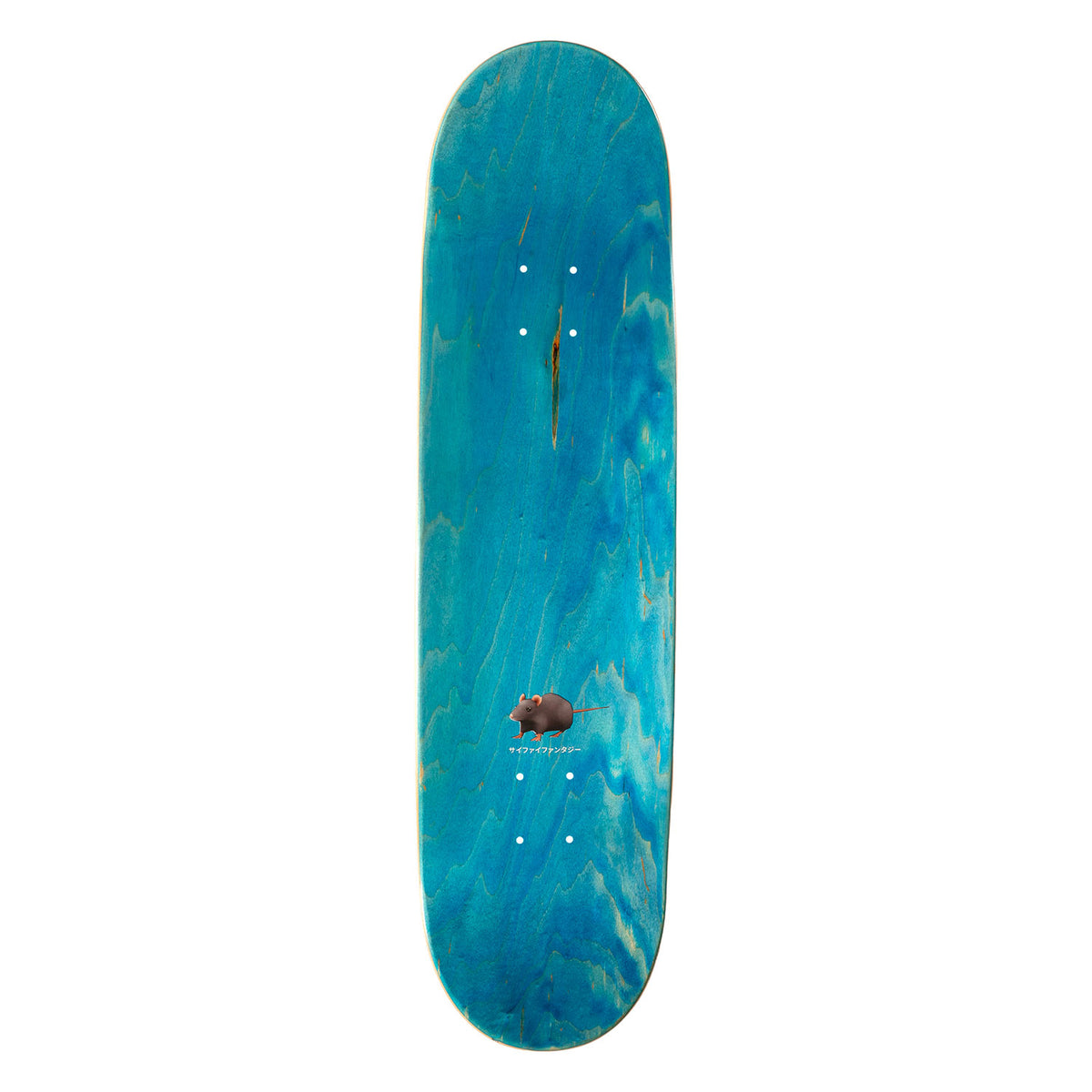 Top view of Sci-Fi Fantasy skateboard deck 'Glick Keys', made of maple and dyed blue.