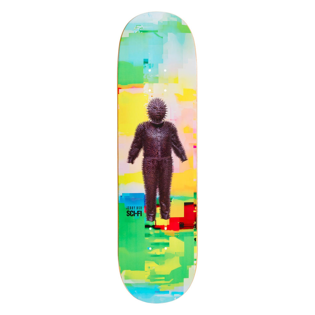 Sci-Fi Fantasys Jerry Hsu skateboard deck. With a colorful graphic and a stylized figure.