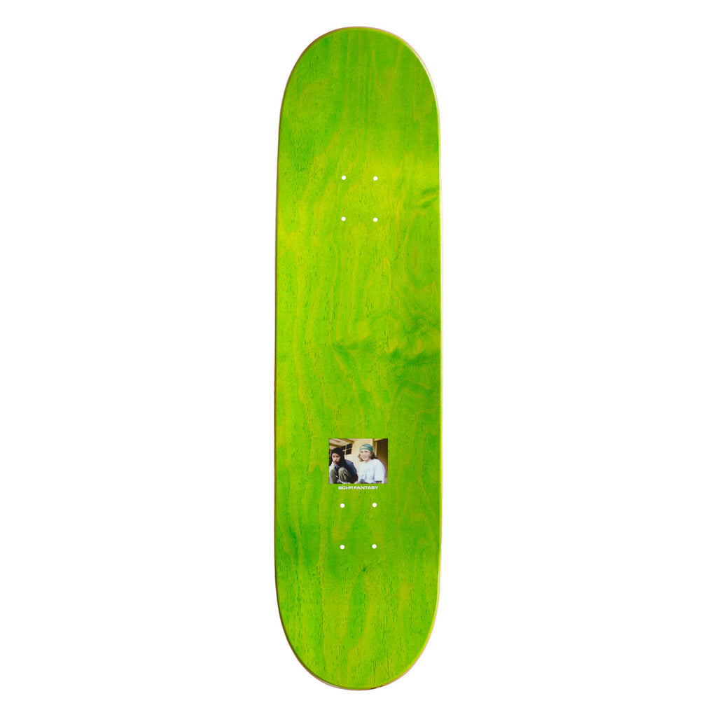 Top view of Sci-Fi Fantasy skateboard deck Jerry Hsu, it's maple dyed a light green color.