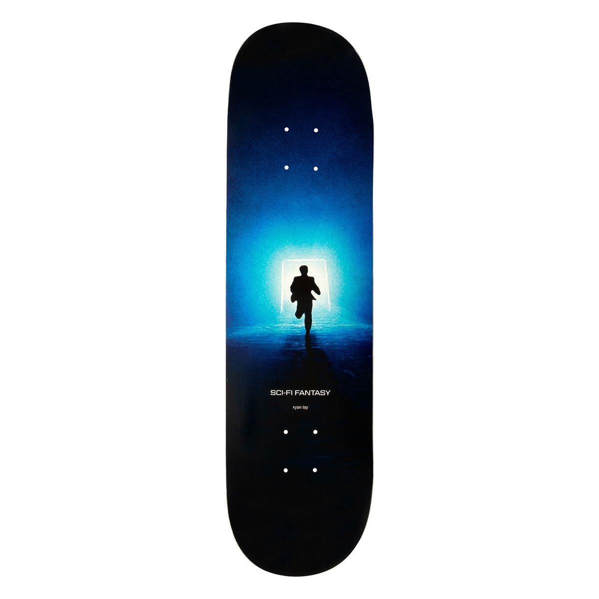 Sci-fi Fantasy skateboard deck featuring a silhouette of a person running towards a bright light.