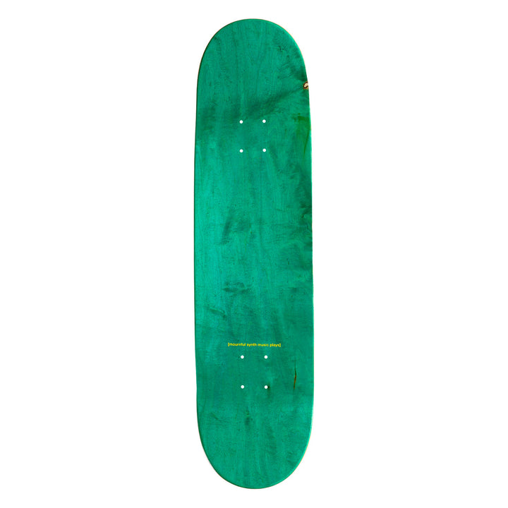 Top of Sci-fi Fantasy motorcycle skateboard deck, it's maple wood dyed green.