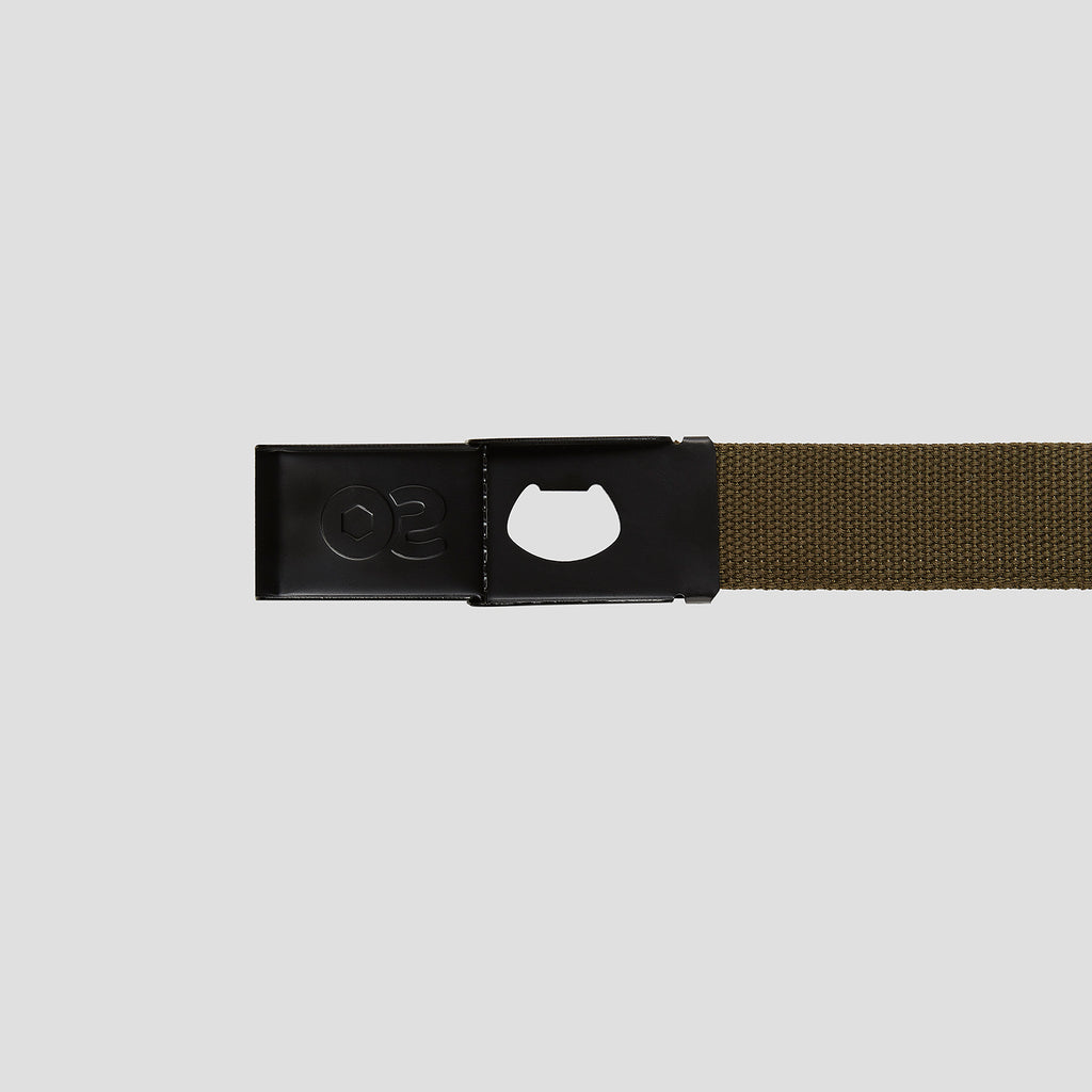 Skateovation webbing belt olive green, showing the buckle is also a bottle opener.