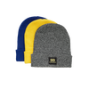 Skateovation cuffed beanies SO in three colours: royal blue (back), yellow (middle), and antique grey (front).