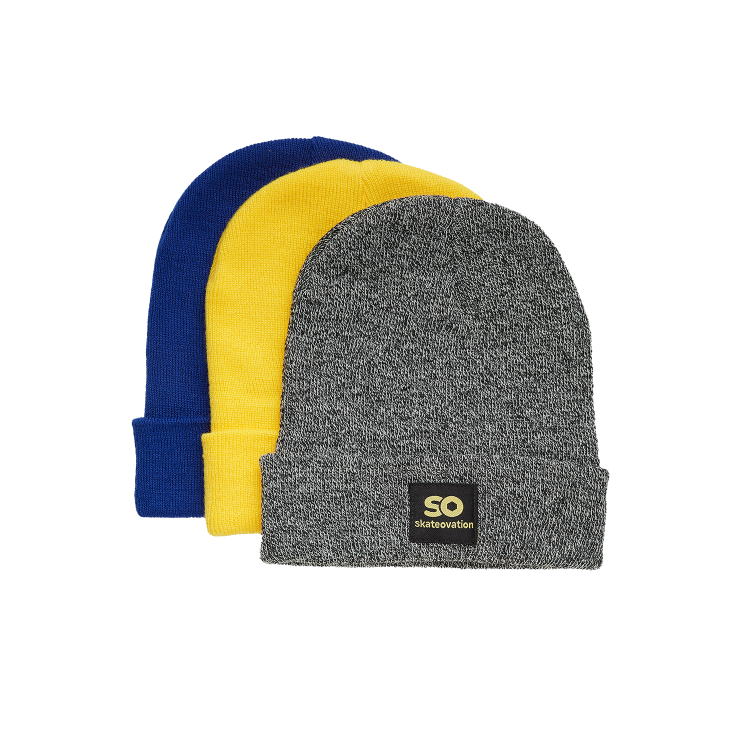 Skateovation cuffed beanies SO in three colours: royal blue (back), yellow (middle), and antique grey (front).