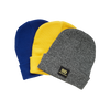 Three Skateovation cuffed beanies SO in royal blue (back), yellow (middle), and antique grey (front).
