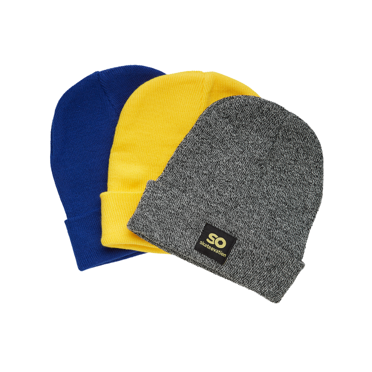 Three Skateovation cuffed beanies SO in royal blue (back), yellow (middle), and antique grey (front).