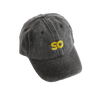 Vintage black skateovation dad cap with yellow SO logo on the front.