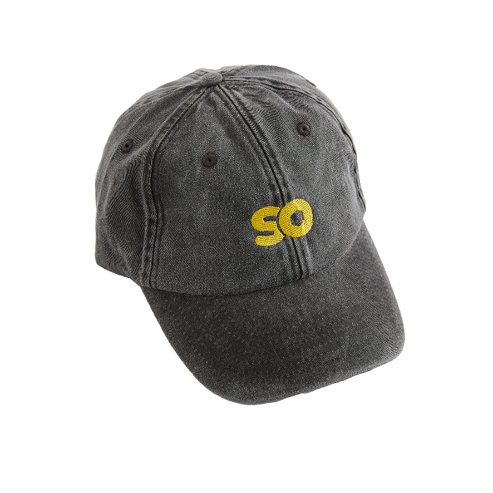Vintage black skateovation dad cap with yellow SO logo on the front.