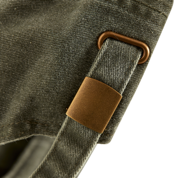 skateovation so dad cap in the colour vintage olive seen from the back, showing a close-up of the self-fabric strap with brass effect buckle.