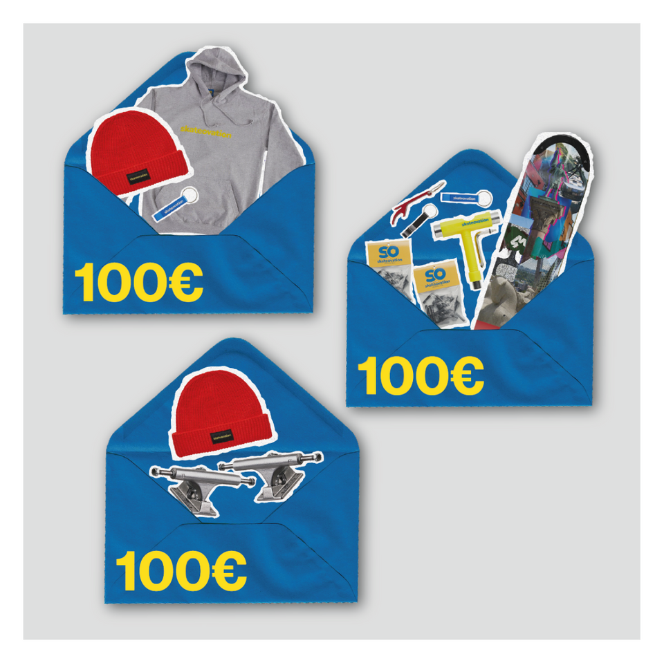three blue envelopes containing skater products from the skateovation shop for 100 euros each