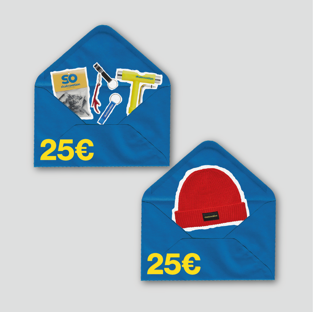two blue envelopes containing skater products from the skateovation shop for 25 euros each