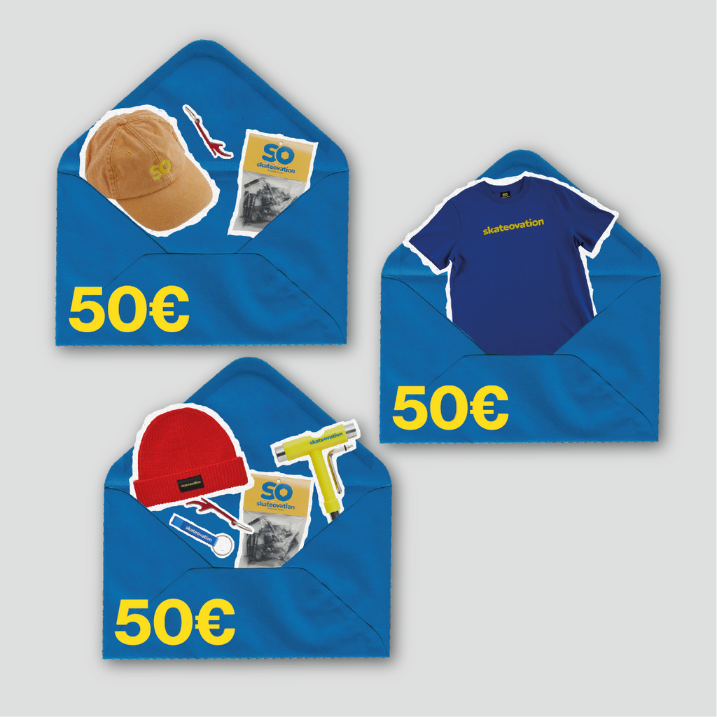 three blue envelopes containing skater products from the skateovation shop for 50 euros each