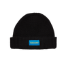 Skateovation harbour beanie core in the color black with Skateovation embroidered in yellow on blue at the front.