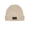 The Skateovation harbour beanie core in the color oatmeal. skateovation embroidered in yellow on black on the front.