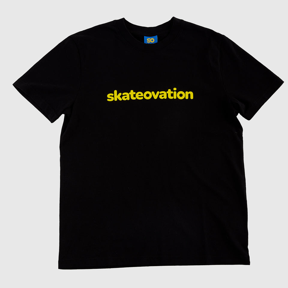 Skateovation T-shirt Core in black with skateovation texted in yellow on the chest.