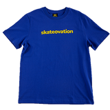 Blue t-shirt with 'skateovation' text on a white background