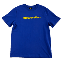 Blue t-shirt core with 'skateovation' in yellow on the chest.