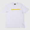 skateovation t-shirt core in white color with skatovation texted in yellow on the chest.