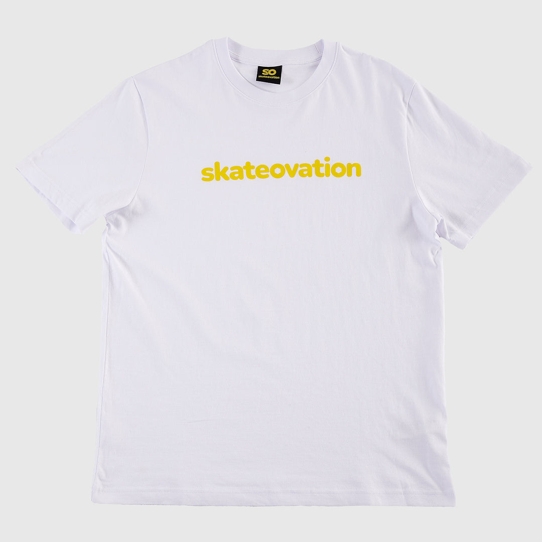 skateovation t-shirt core in white color with skatovation texted in yellow on the chest.