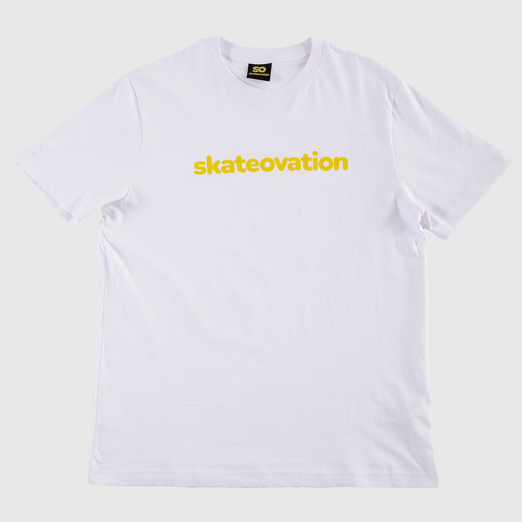 skateovation t-shirt core in white color with skatovation texted in yellow on the chest.